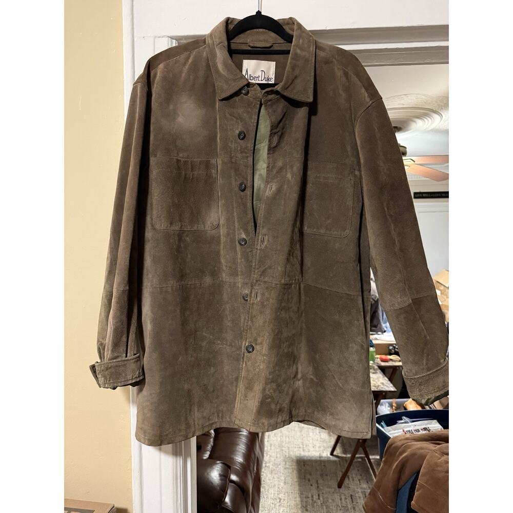 Albert Duke Men's Genuine Leather Shirt Jacket Button Down Pockets Size XL Green